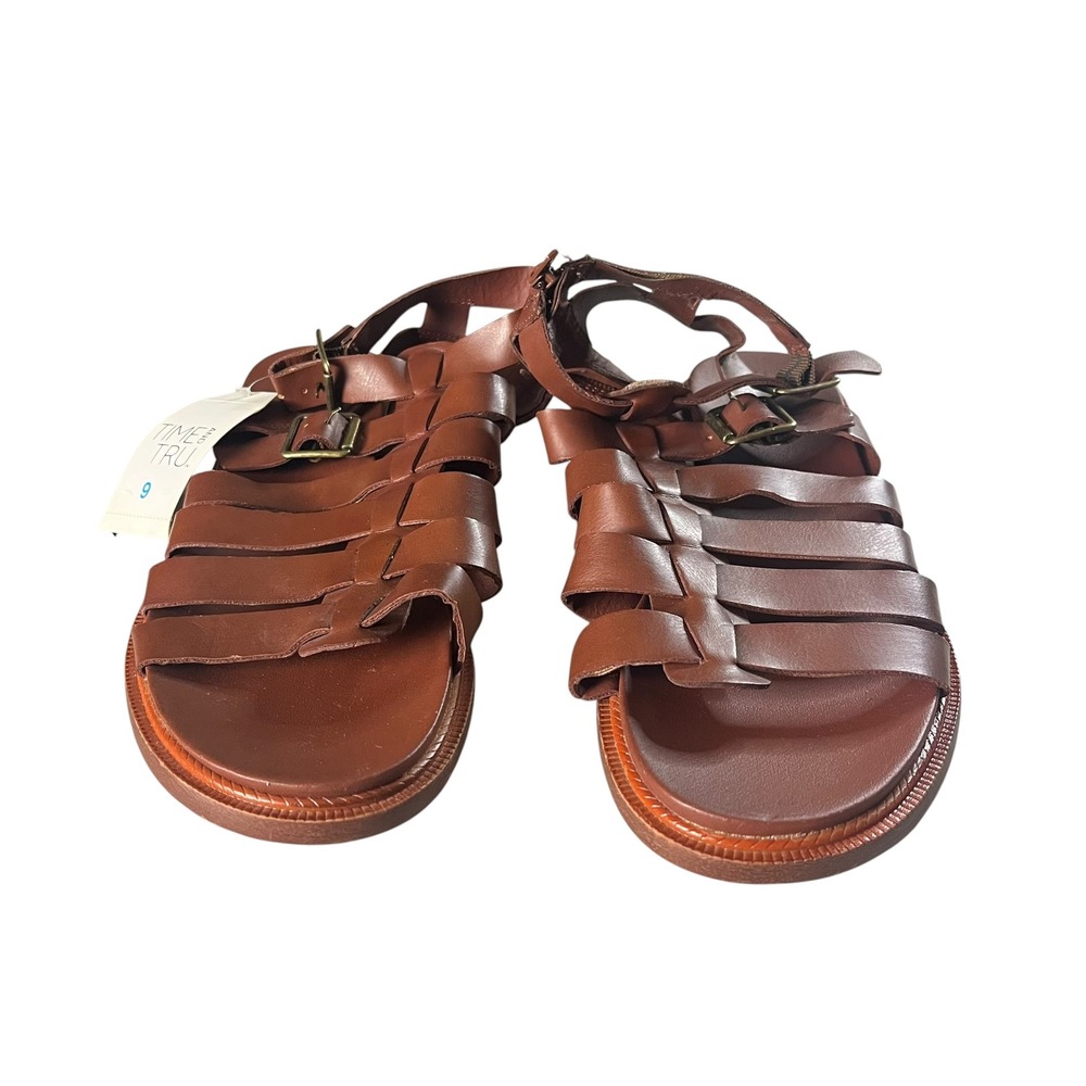 Time and Tru Strappy Gladiator Sandals Women 9 Brown Boho Roman Cage Flat - Picture 10 of 12